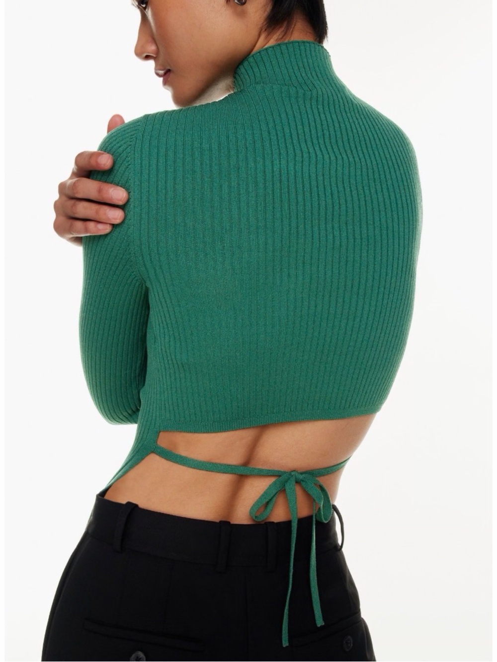 Aritzia Babaton Sculpt Knit Tie Back Long Sleeve Top Green